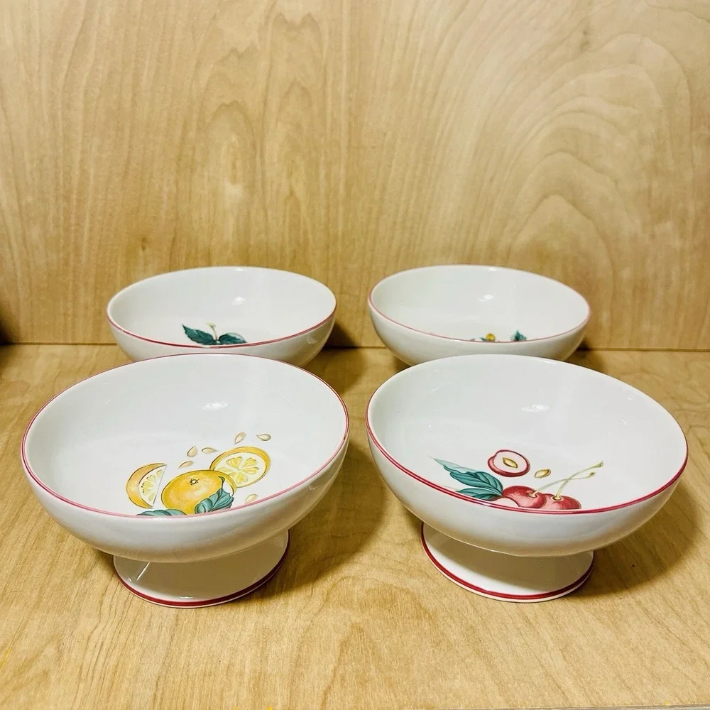 4 Vintage Villeroy & Boch Luxembourg Footed Pedestal Dessert Bowls Fruit Motives